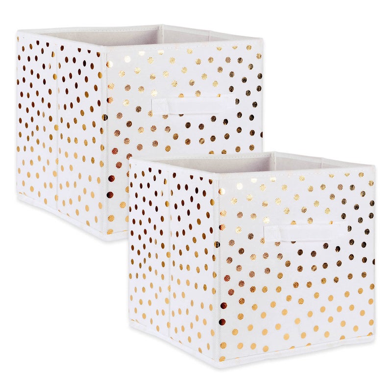 DII Non Woven Polyester Storage Bin, Polka Dot, White & Gold, Large Set of 2 - Image 1